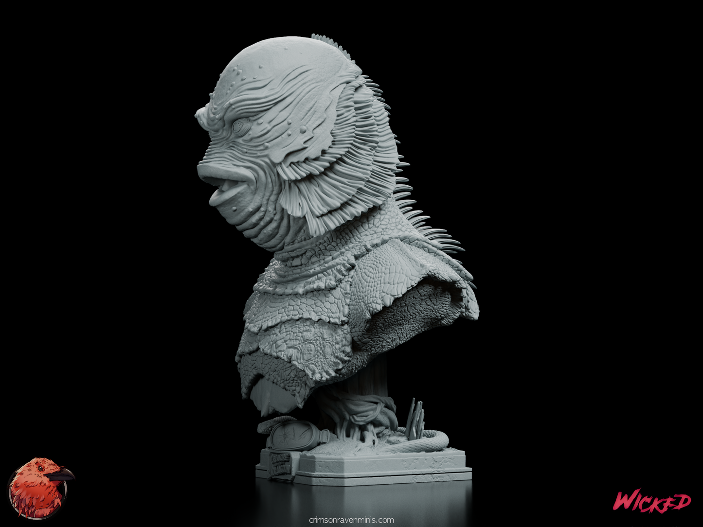 Left front angle of the Creature from the Black Lagoon Portrait Bust, highlighting the creature’s facial details, scaly texture, and fin structures.