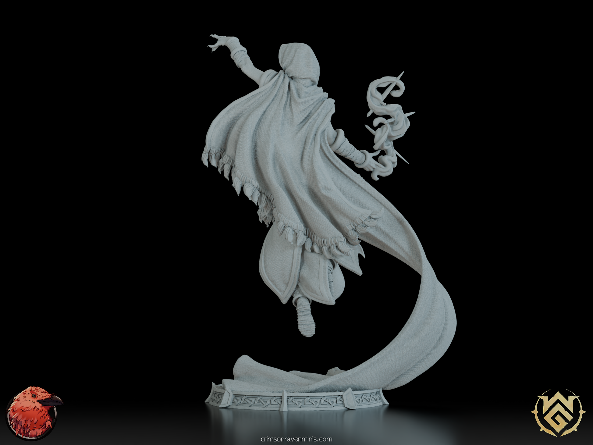 • “Side view of the Dagger-Dancer Psychic Half-Orc Sorcerer figurine with casting stance”
