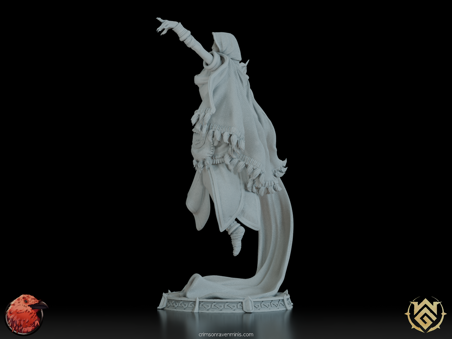 • “Back view showing flowing cloak details of the Dagger-Dancer Half-Orc Sorcerer Juggler”