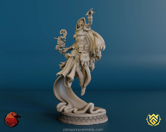 Dagger-Dancer Psychic, Half-Orc Sorcerer miniature front view, showcasing the dynamic pose with swirling robes and crystal dagger focus.