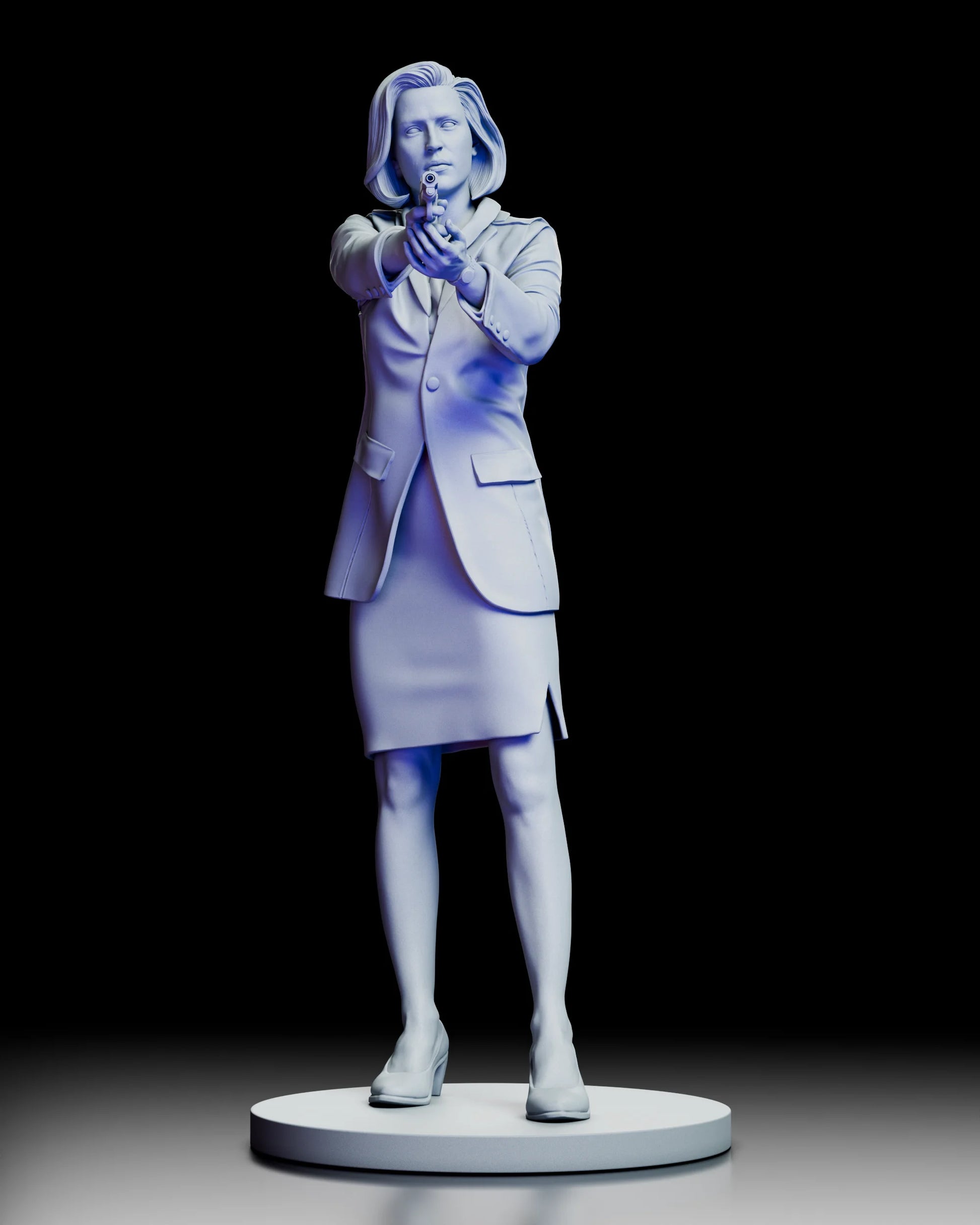 Front view of Dana Scully variant wearing a skirt suit holding a pistol ready for action