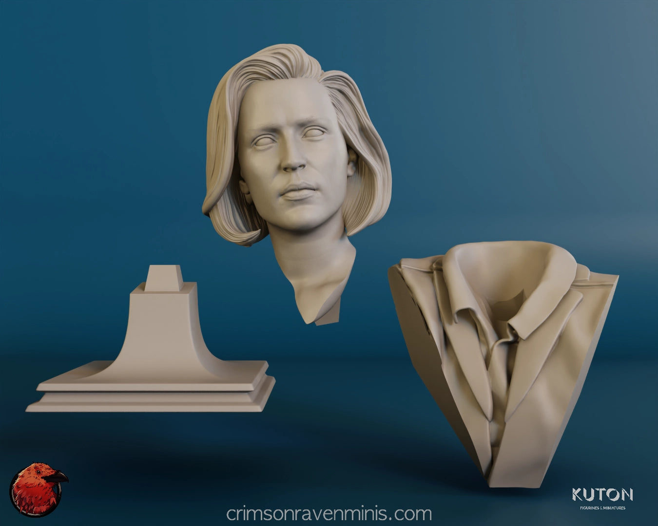 Three separate pieces of the Dana Scully Resin Bust Kit: head, collar, and base.