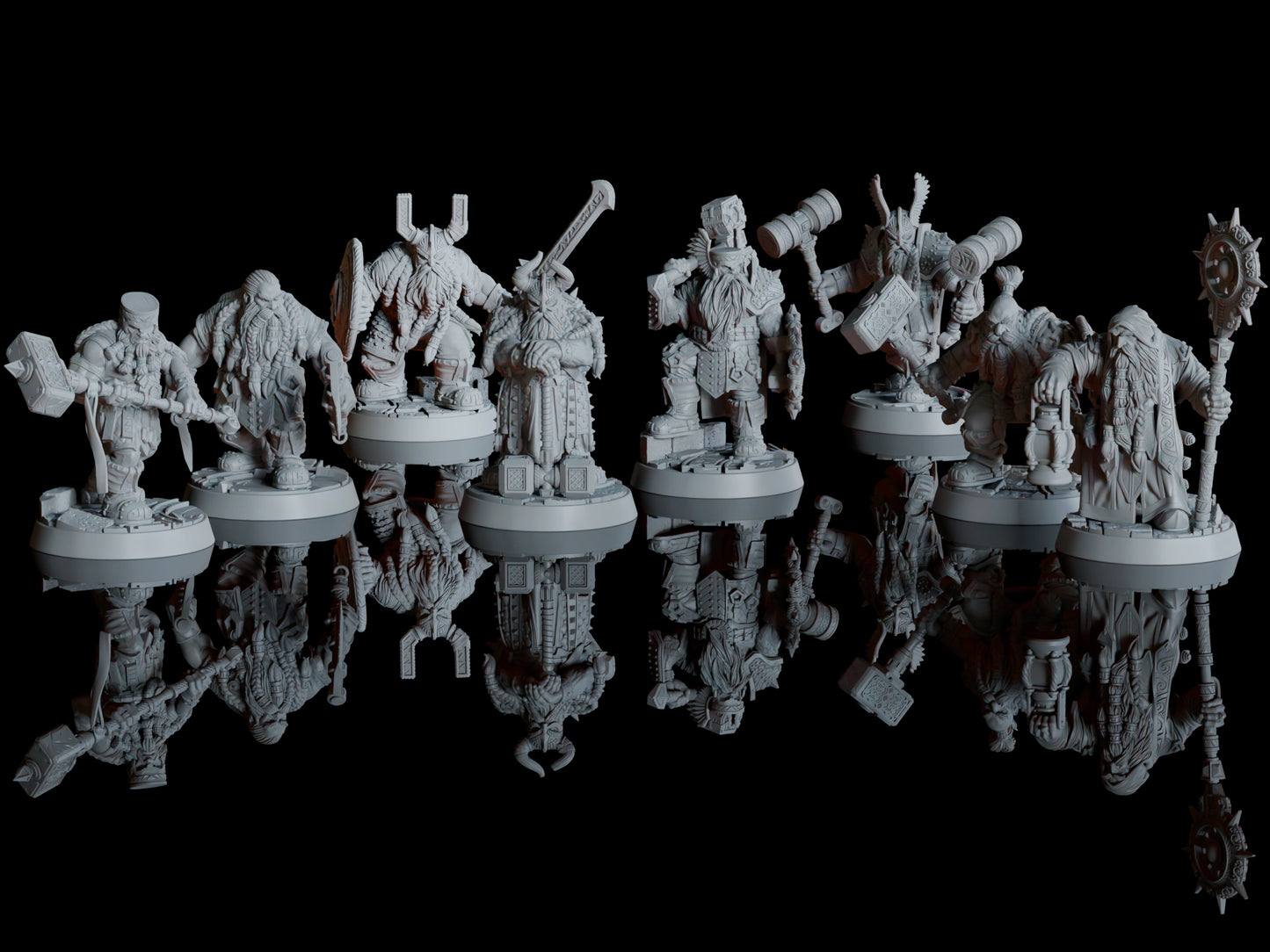 The full collection of 8 32mm scale dwarf miniatures.