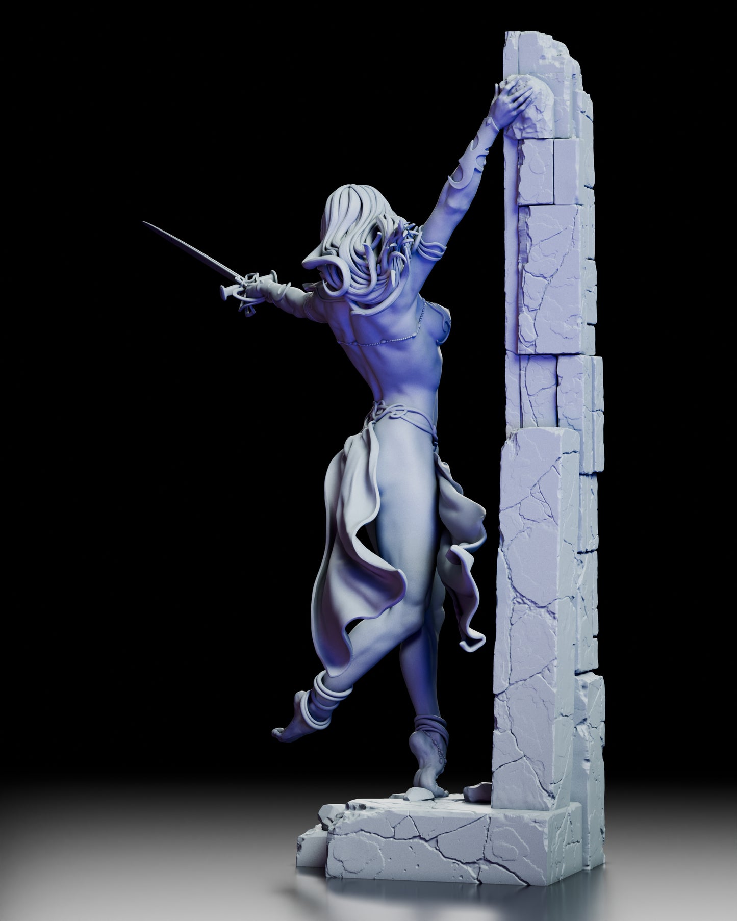 Rear view of the Dejah Thoris figure kit highlighting the sculpted drapery, hair movement, and stone ruin base