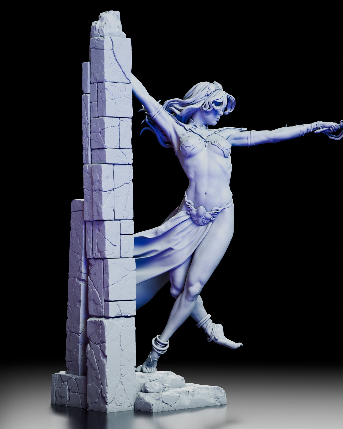 Right side angle of the Dejah Thoris figure kit displaying the outstretched arm and finely textured stone pillar