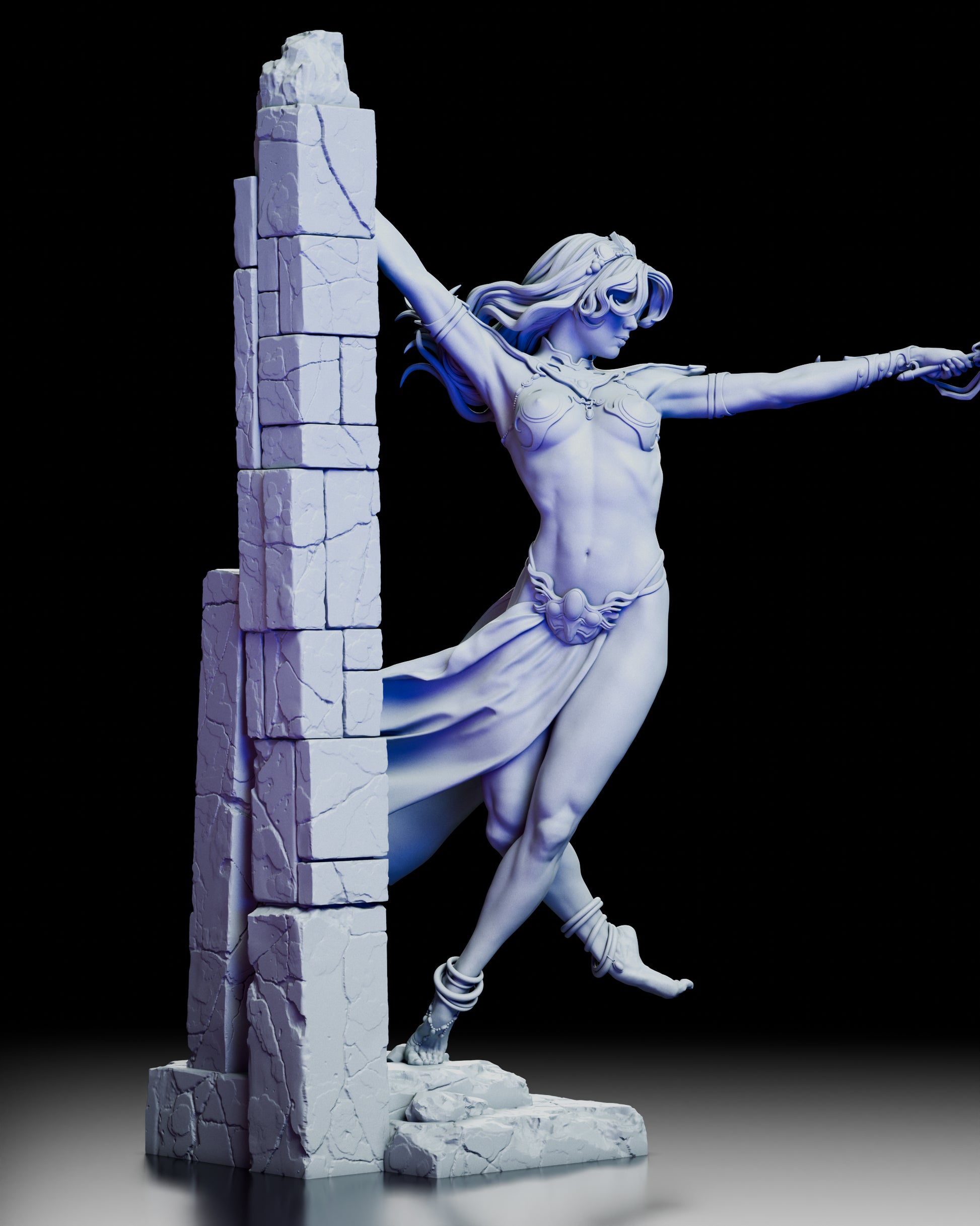 Right side angle of the Dejah Thoris figure kit displaying the outstretched arm and finely textured stone pillar