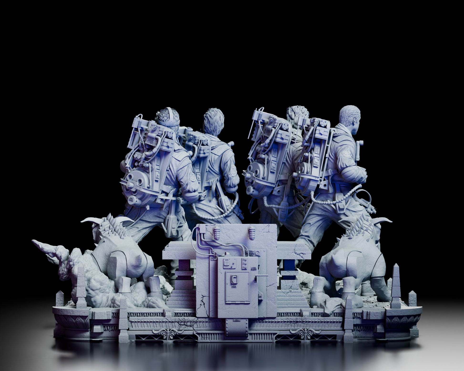 Rear view showing the Ghostbusters’ proton packs and detailed temple structure with dual Terror Dogs