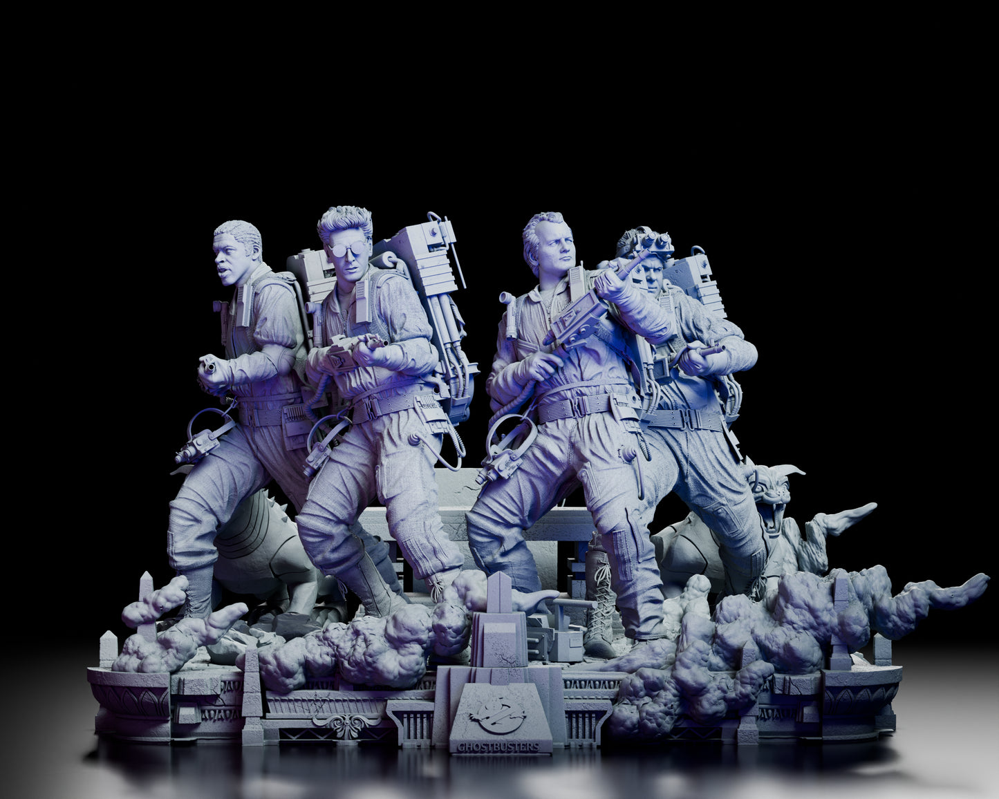 Front view of the Ghostbusters rooftop diorama featuring all four heroes and temple base with smoke effects