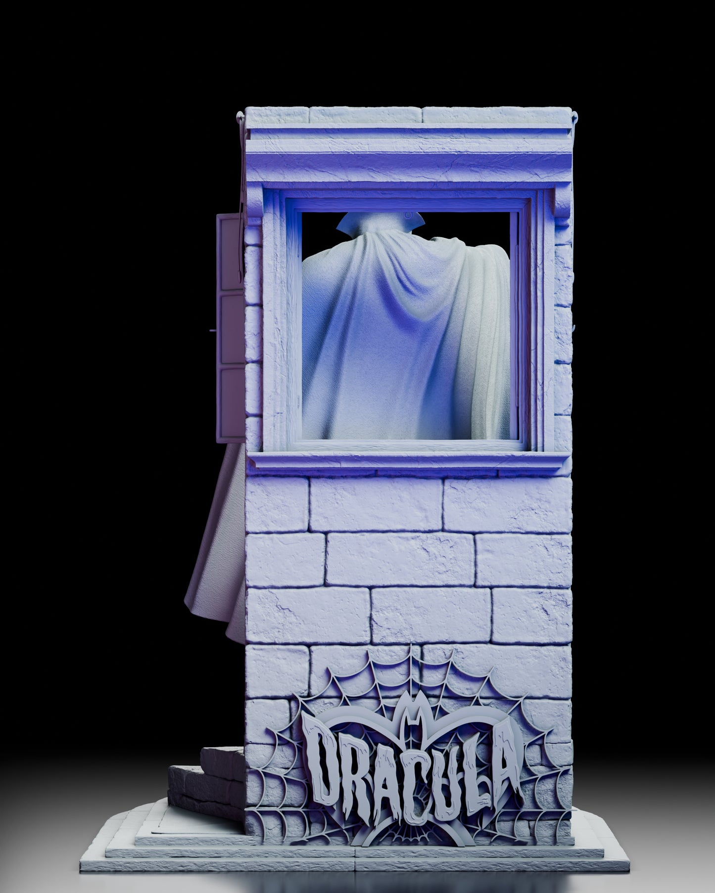 Rear view of Dracula stepping through a gothic window display base with flowing cape detail