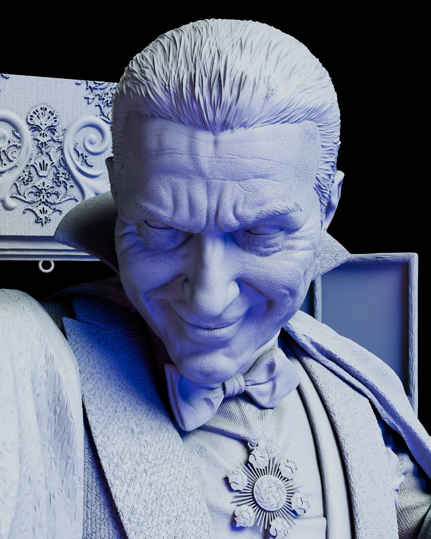 Close up portrait of Dracula vampire resin statue with sinister smile and ornate medallion detail