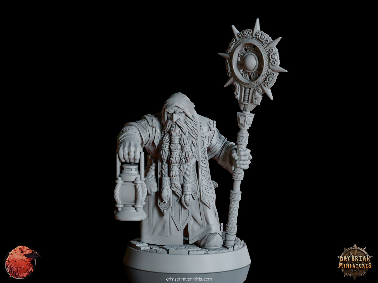 A 3D render of Draugmaster Slee, a dwarf holding a lantern in one hand and a staff in the other, standing on a 1-inch base.