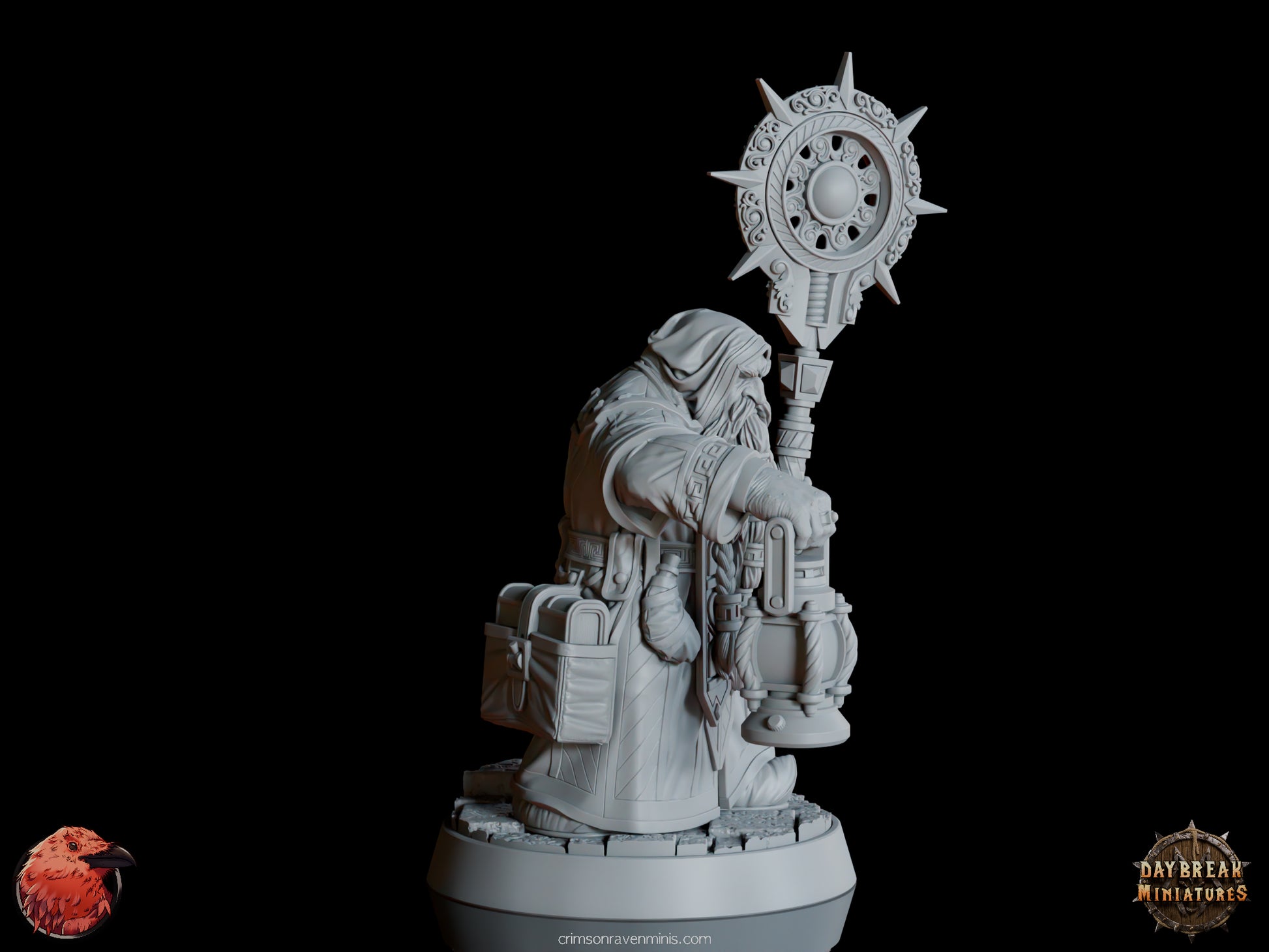 A 3D render of Draugmaster Slee, a dwarf holding a lantern in one hand and a staff in the other, standing on a 1-inch base.