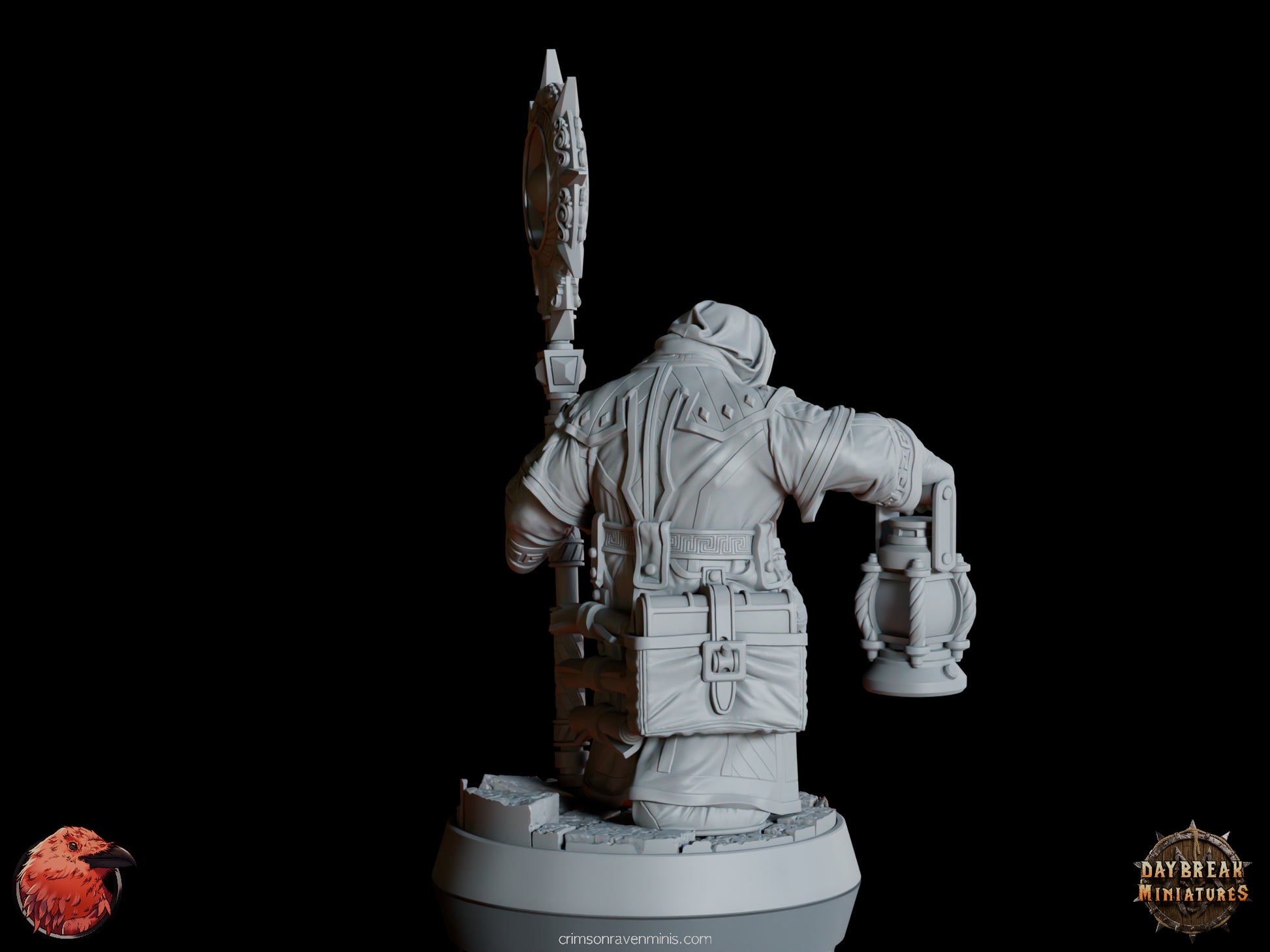 A 3D render of Draugmaster Slee, a dwarf holding a lantern in one hand and a staff in the other, standing on a 1-inch base.