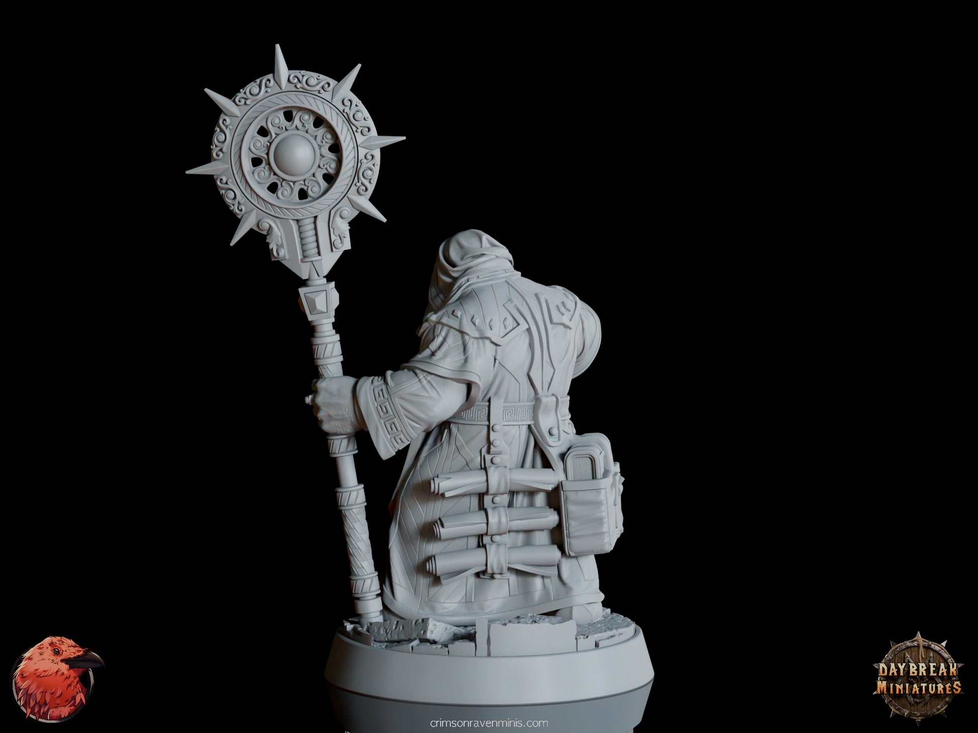 A 3D render of Draugmaster Slee, a dwarf holding a lantern in one hand and a staff in the other, standing on a 1-inch base.