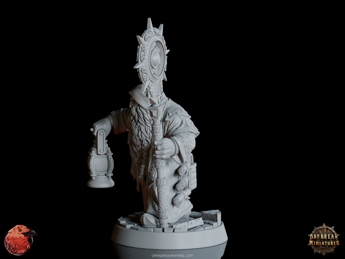 A 3D render of Draugmaster Slee, a dwarf holding a lantern in one hand and a staff in the other, standing on a 1-inch base.