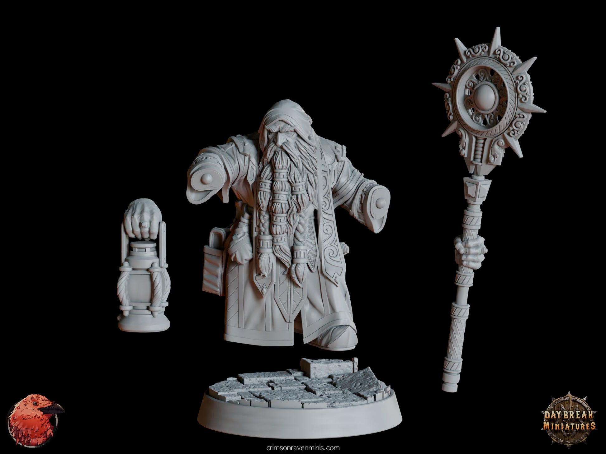 A 3D render of Draugmaster Slee, a dwarf holding a lantern in one hand and a staff in the other, standing on a 1-inch base. unassembled parts