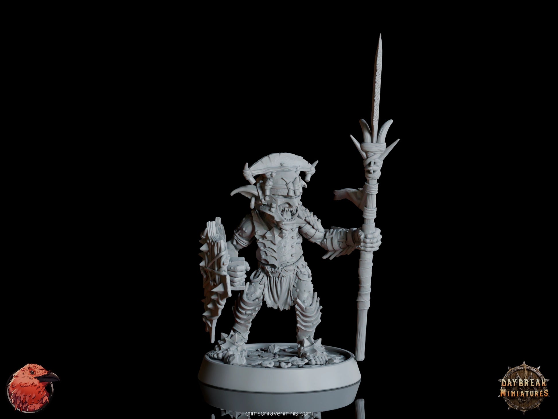 Effa da Traedzle goblin warrior holding a spear and shield, front view  