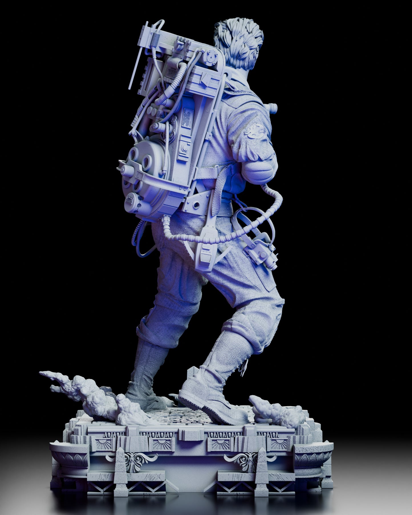 Rear view focusing on the intricate proton pack, hoses, and belt accessories