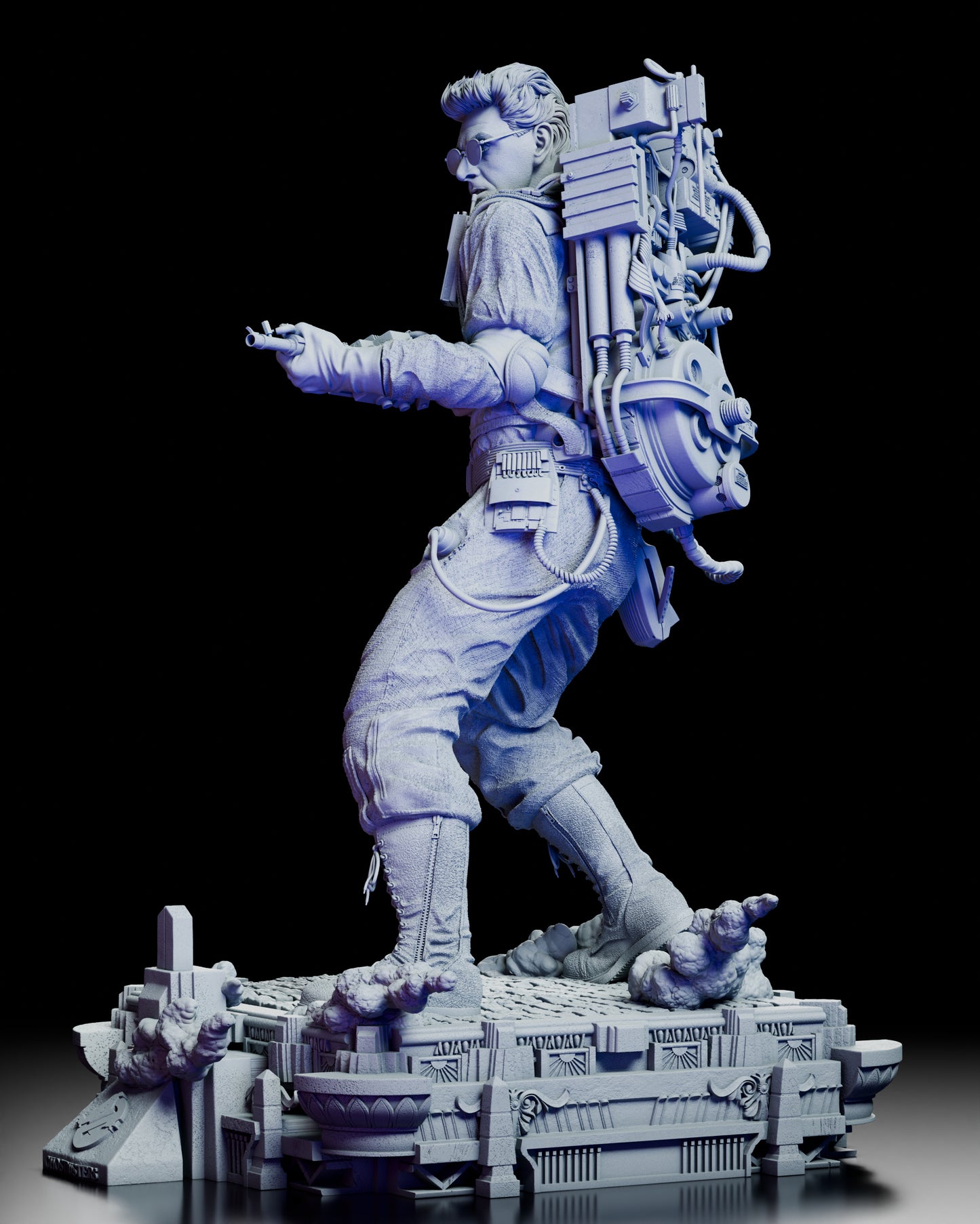 Left side view showing proton pack cables, uniform texture, and dynamic stance