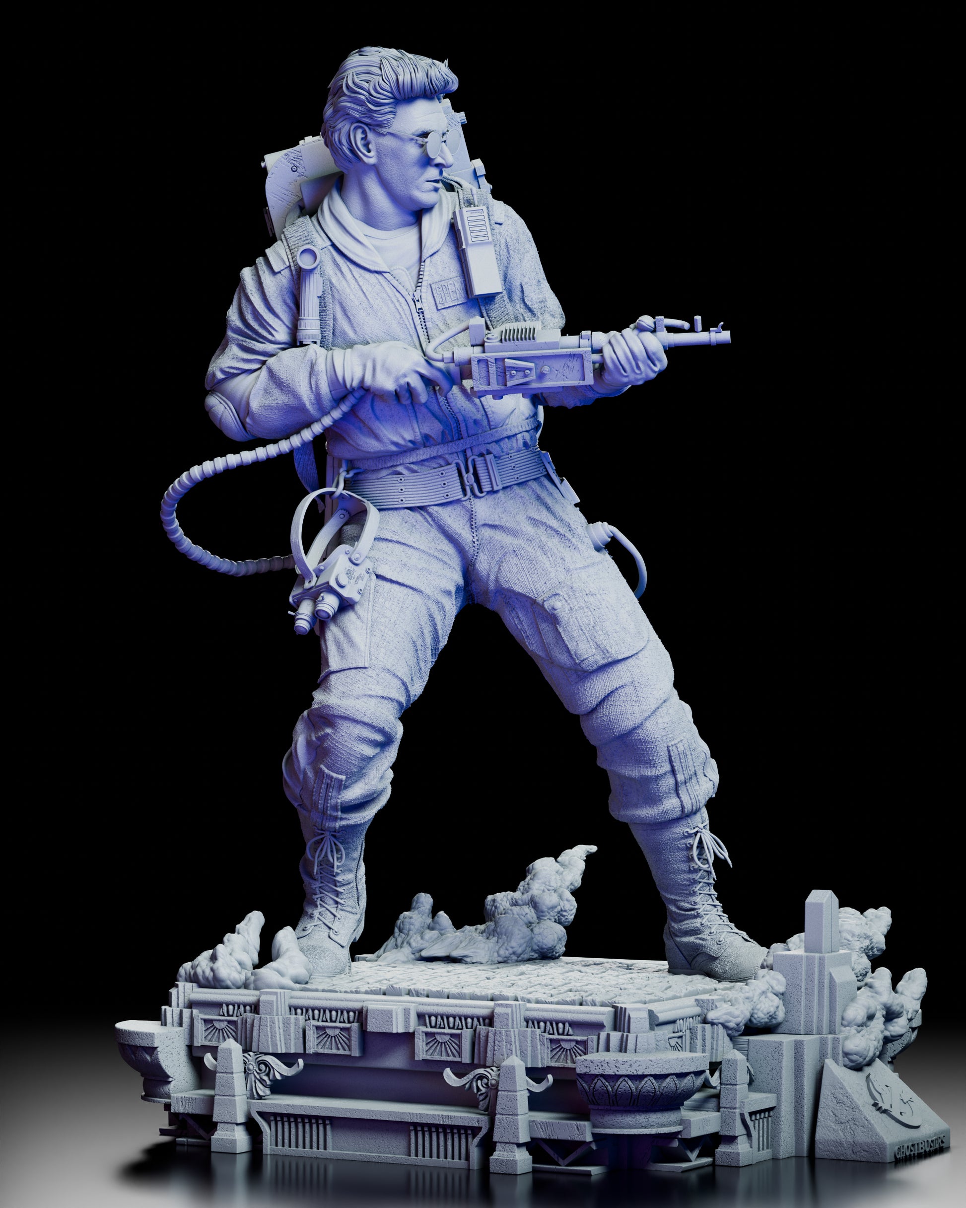 Right side view of Egon Spengler revealing detailed proton pack and boots