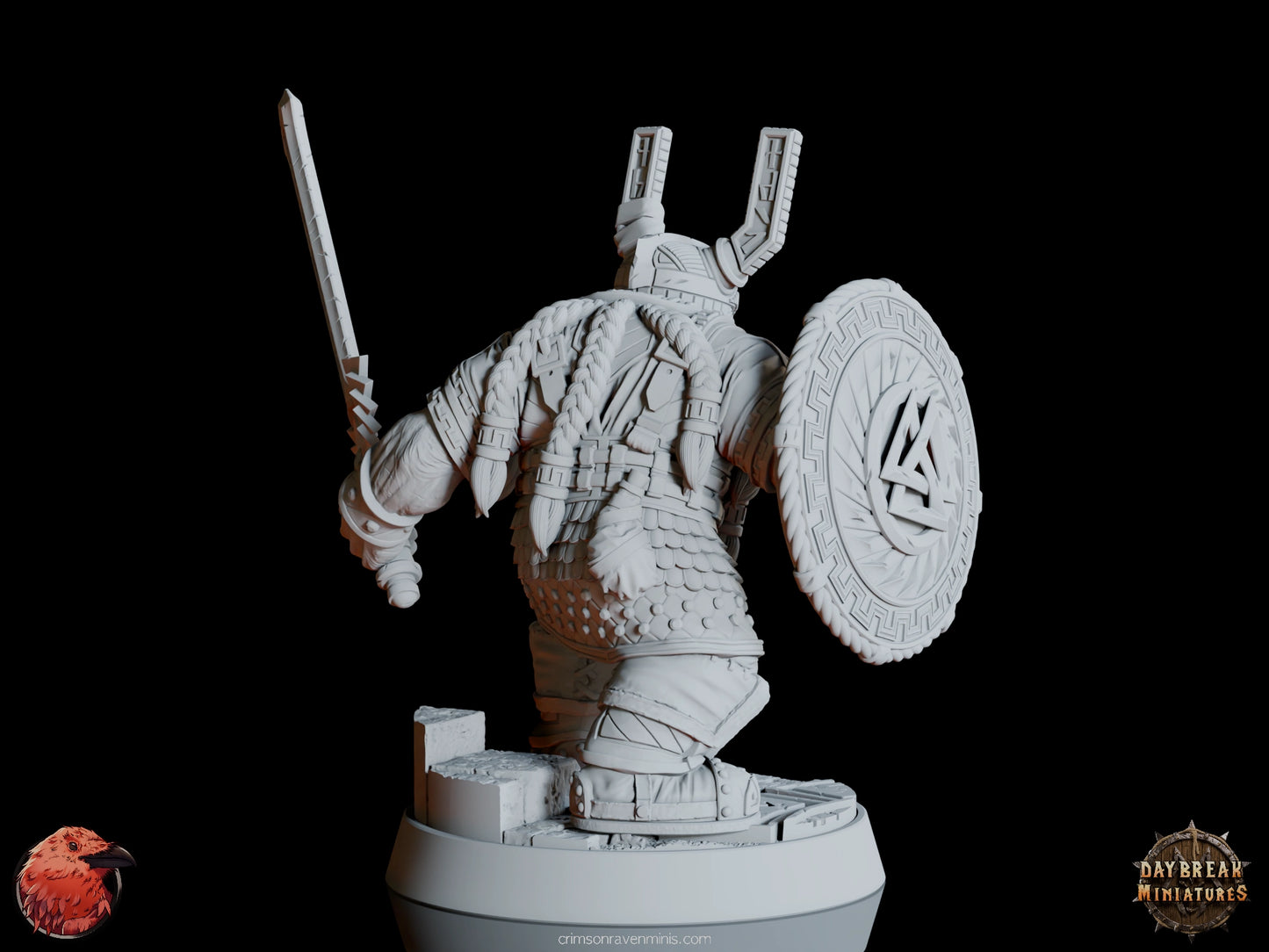 A 3D render of Eino “Ravenblade” Ægger, a heavily armored dwarf with a large sword and shield, standing on a 1-inch base.