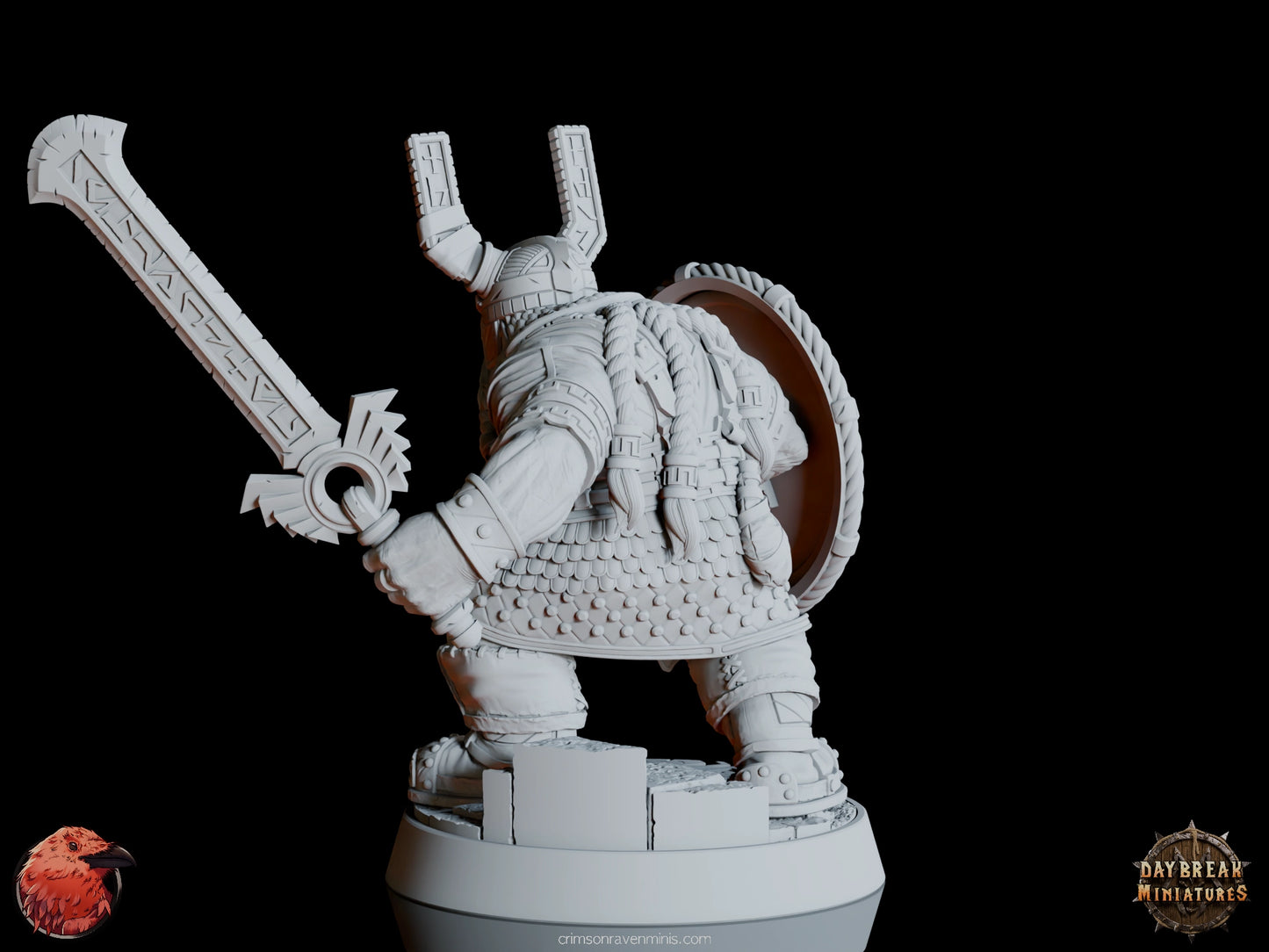 A 3D render of Eino “Ravenblade” Ægger, a heavily armored dwarf with a large sword and shield, standing on a 1-inch base.