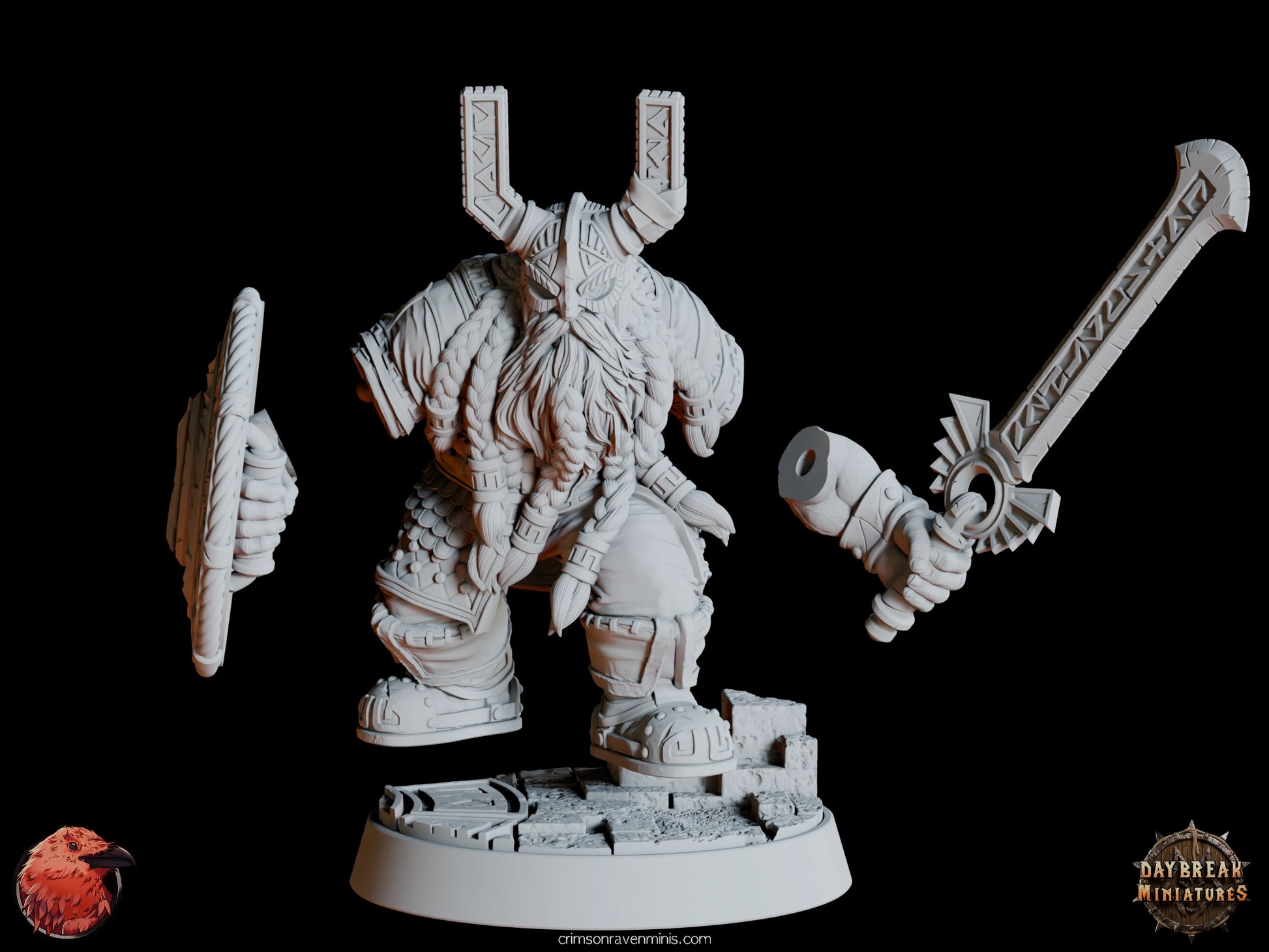 A 3D render of Eino “Ravenblade” Ægger, a heavily armored dwarf with a large sword and shield, standing on a 1-inch base. unassembled parts