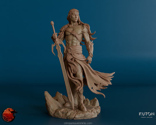 A front view of an intricately sculpted Elf warrior figure, standing tall with a long sword in hand, wearing flowing robes and armor. The figure is posed on a rocky base, with windswept hair and detailed textures capturing a dynamic and powerful stance.