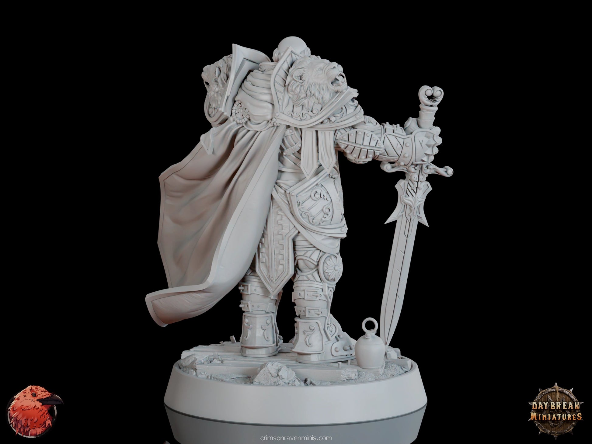 Back angle of Erasmus du Tranchant standing on a detailed base with a flowing cape