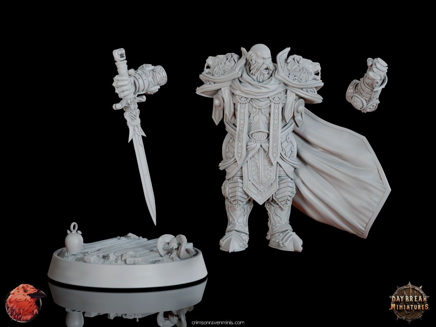 Erasmus du Tranchant resin miniature in parts: sword, body, and base