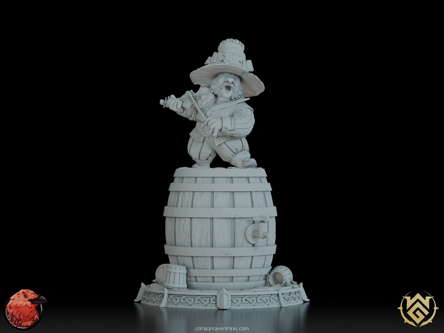 • “Fiddle Master Felix, Rock Gnome Bard figurine, performing on a barrel with fiddle in hand”