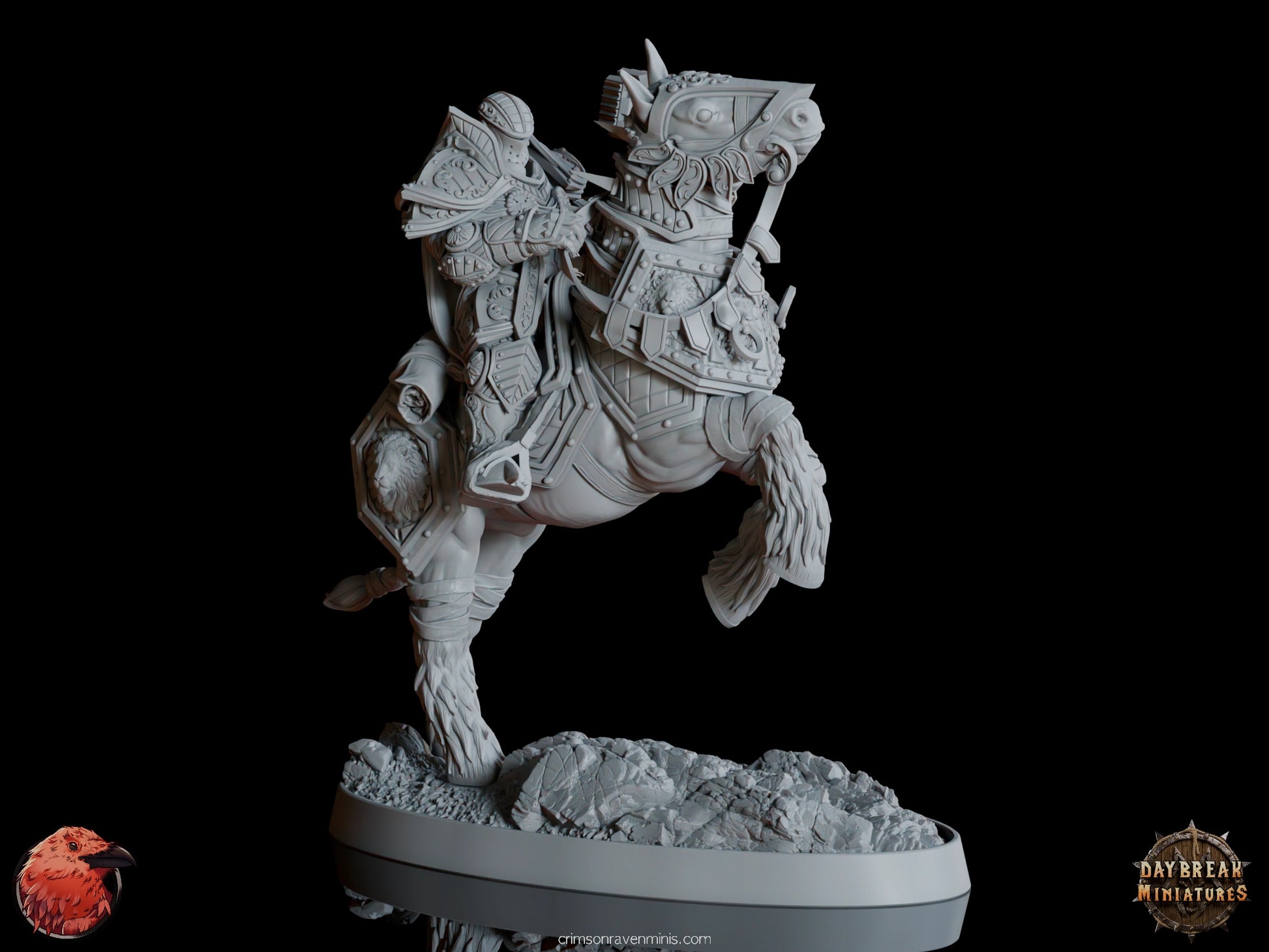 Resin miniature of Le Chevalier Florian de l’Ancienne Bataille on horseback with war hammer and shield.