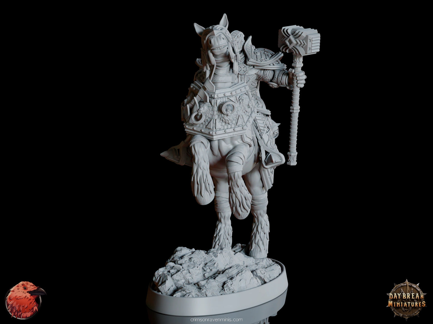 Resin miniature of Le Chevalier Florian de l’Ancienne Bataille on horseback with war hammer and shield.