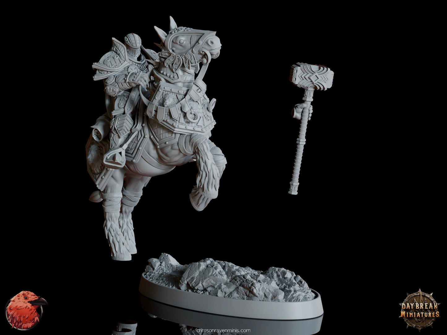 Separated parts of Florian resin miniature: base, hammer, and horse