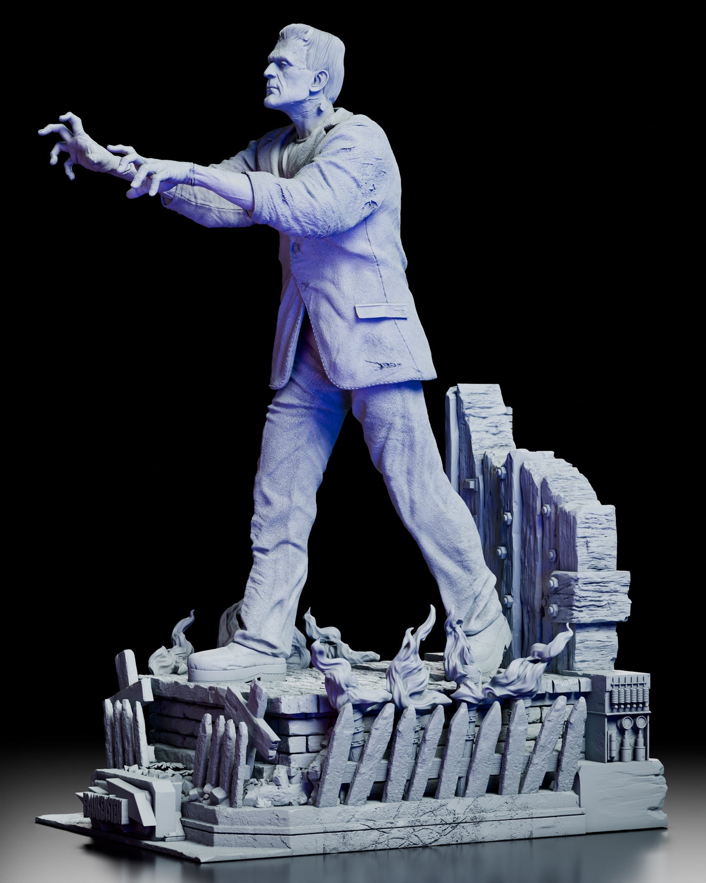 Left back side view of Frankenstein's Monster figure model kit highlighting the detailed base and suit textures