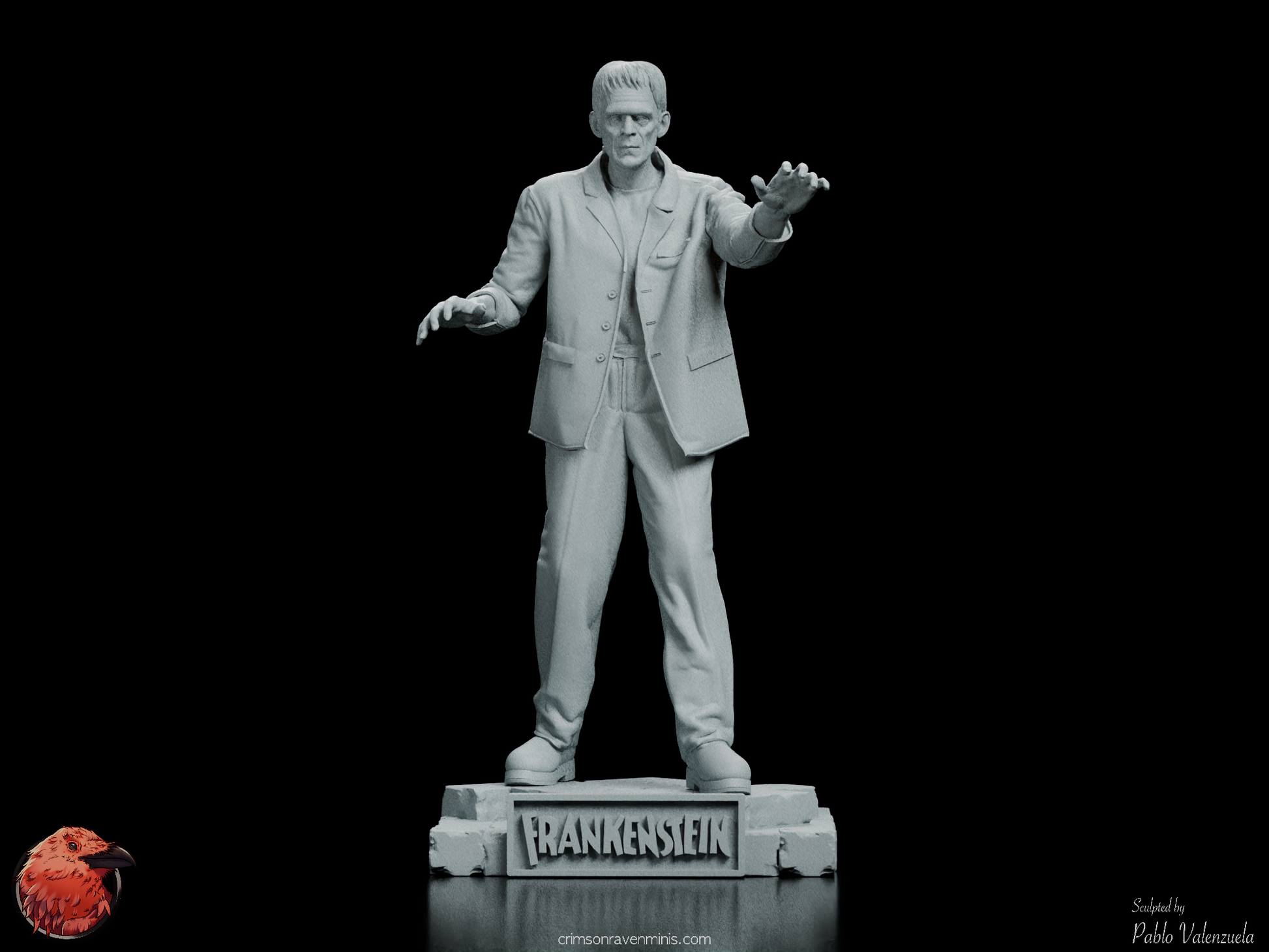 Front view of Frankenstein’s Monster figure kit, depicting Boris Karloff’s iconic portrayal with intricate facial and clothing details.