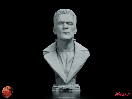 Front view of the Frankenstein Portrait Bust by Wicked, showcasing the creature’s solemn expression, detailed stitching, and textured clothing.