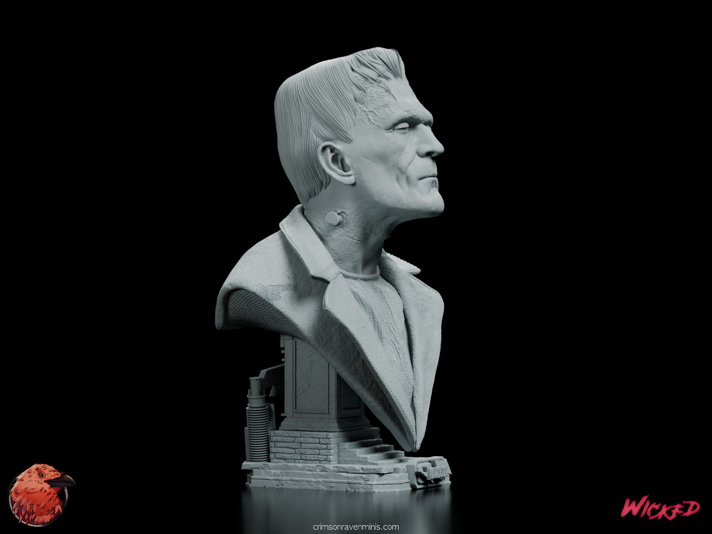 Right front angle of the Frankenstein Portrait Bust, highlighting the creature’s rugged facial features and layered collar.