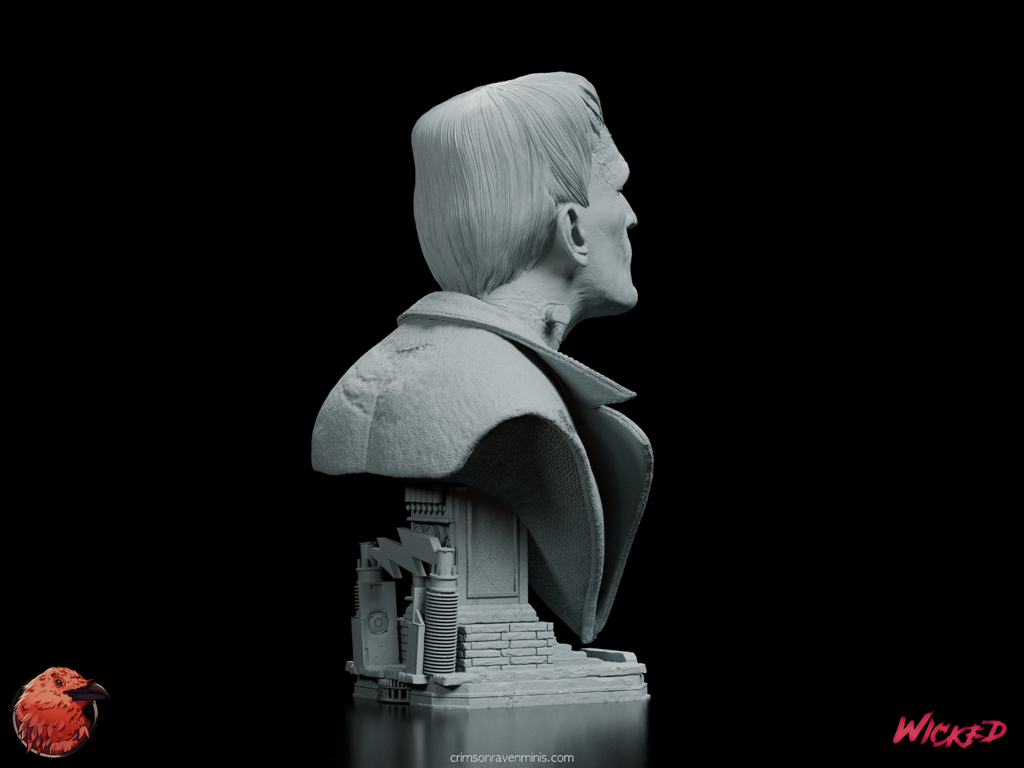 Right rear angle of the Frankenstein Portrait Bust, displaying the textured back of the collar and subtle detailing on the support structure.