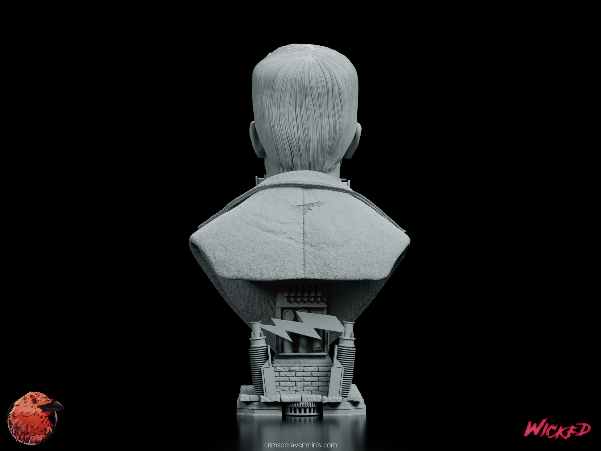 Rear view of the Frankenstein Portrait Bust, showing the structured back of the collar and the intricate design on the base.