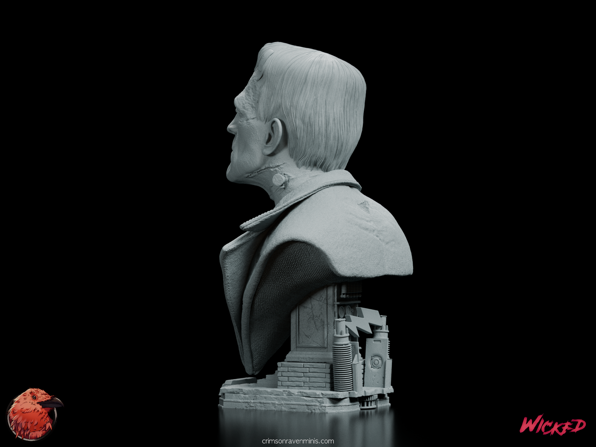 Left rear angle of the Frankenstein Portrait Bust, capturing the details of the collar, neck bolts, and support structure.