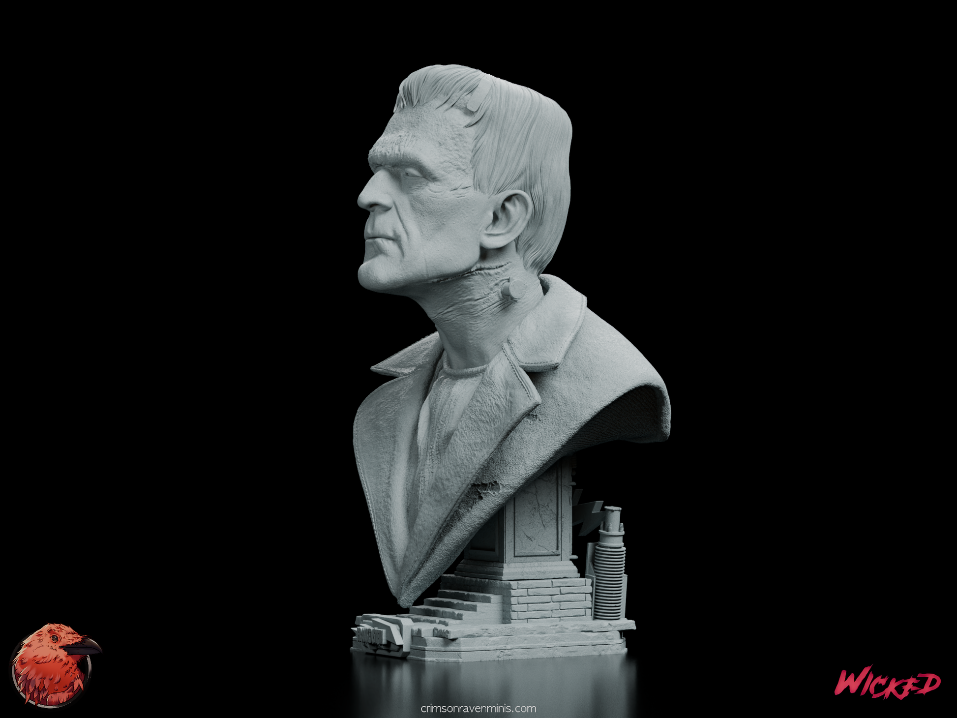 Left front angle of the Frankenstein Portrait Bust, emphasizing the creature’s facial scars, expression, and realistic clothing folds.