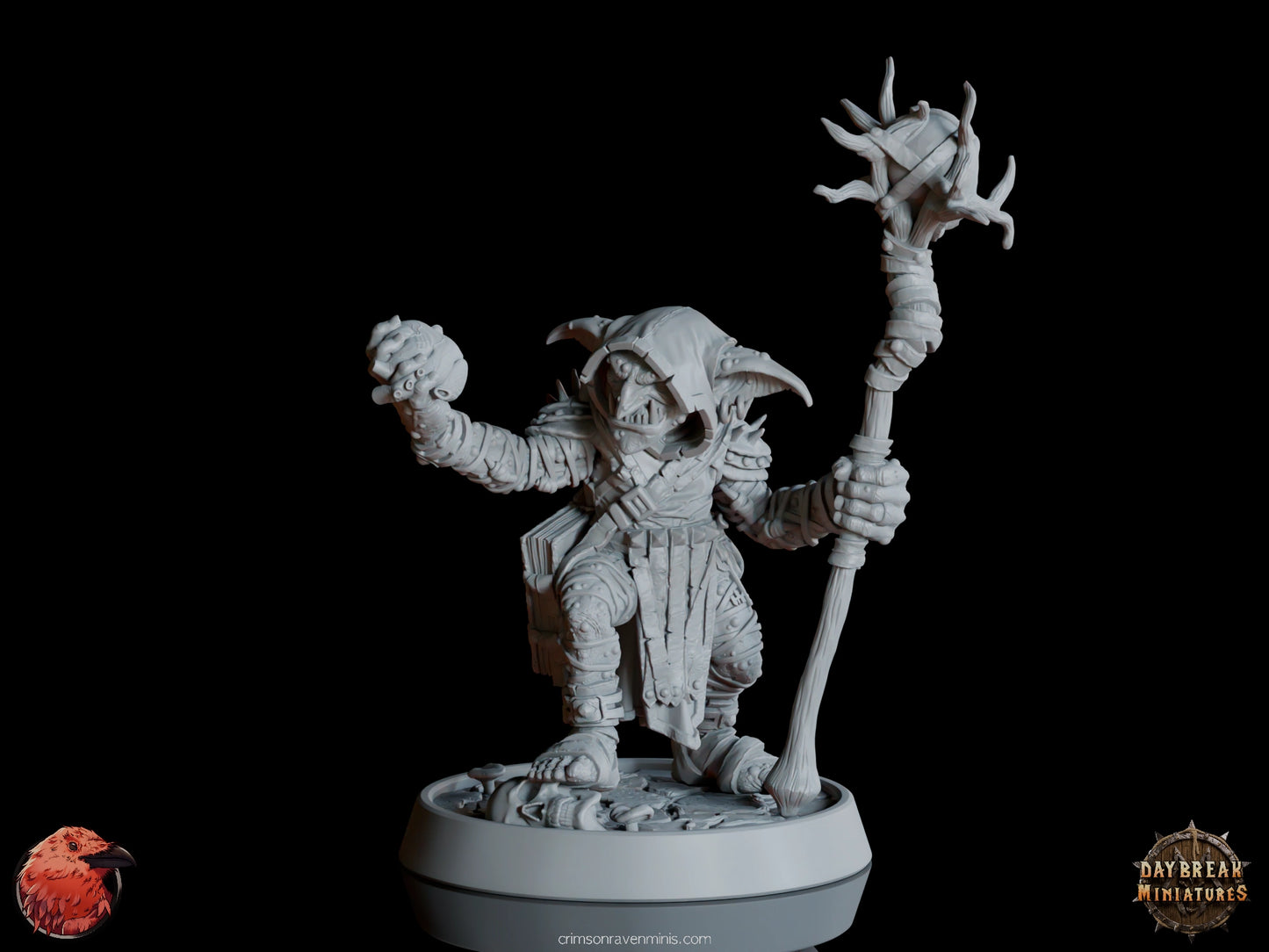 Gauen da Traedzle goblin shaman holding a staff and a heart, front view  