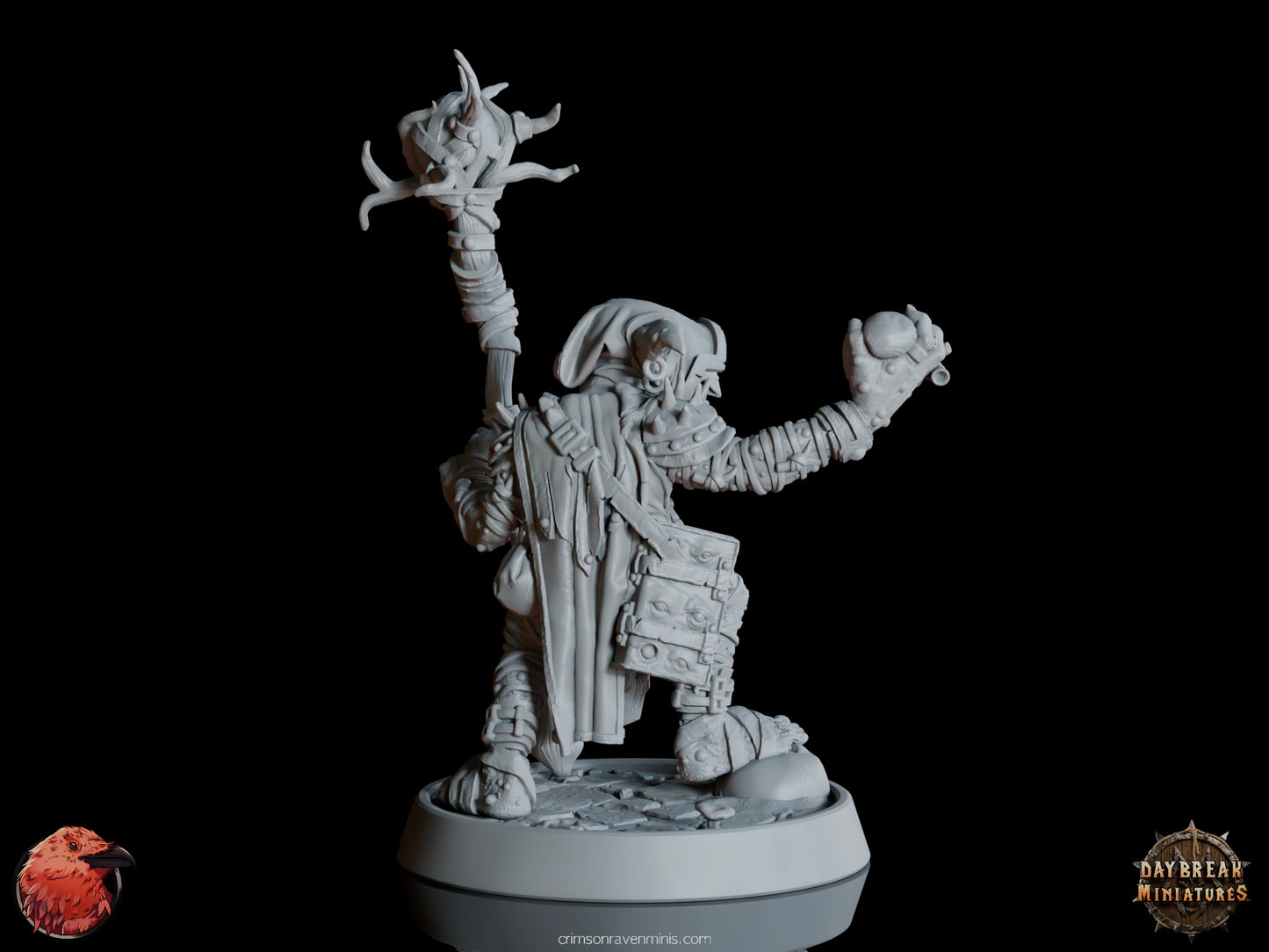 Gauen da Traedzle goblin shaman, rear view with tattered robes and magical accessories  