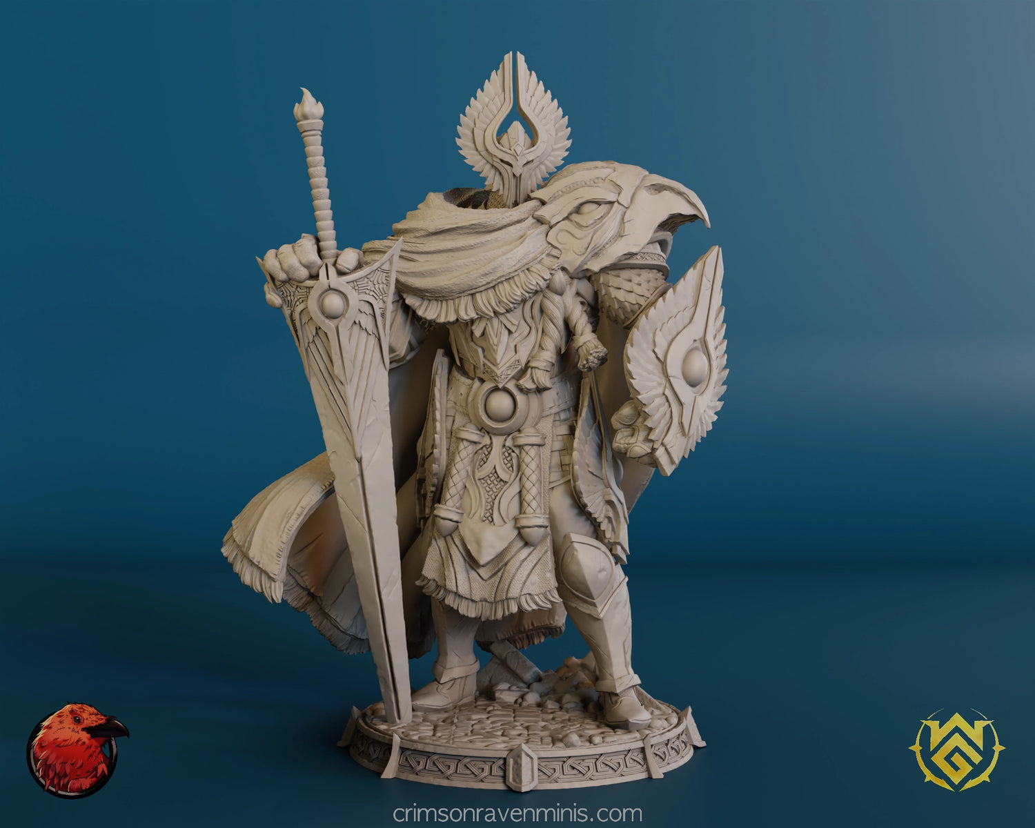 Goeth figurine from The Witchguild, a detailed 3D printed fantasy model of a majestic armored warrior holding a large sword and shield, perfect for collectors and figure painters.