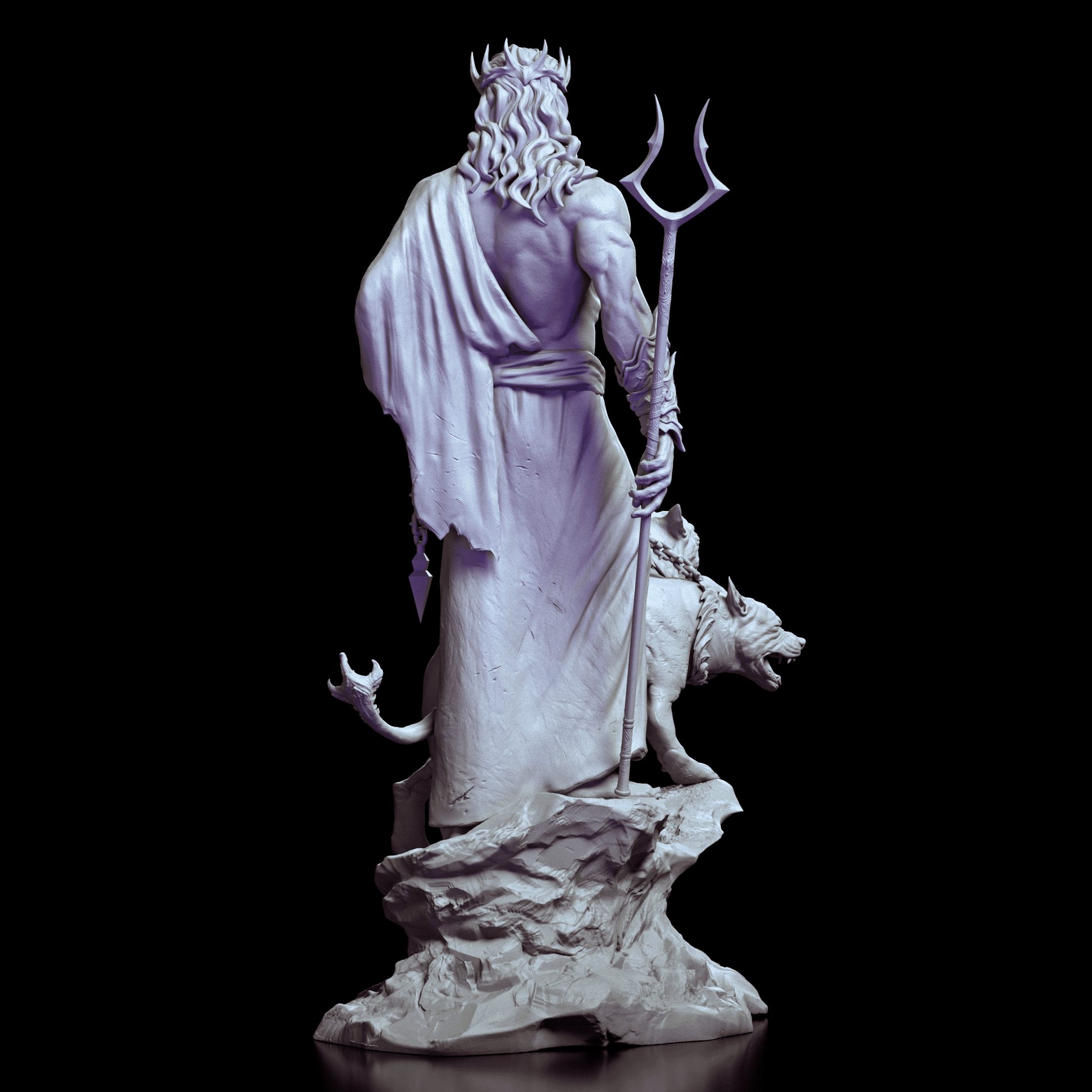 Rear view of Hades figure showcasing flowing robes, trident, and detailed stone base.