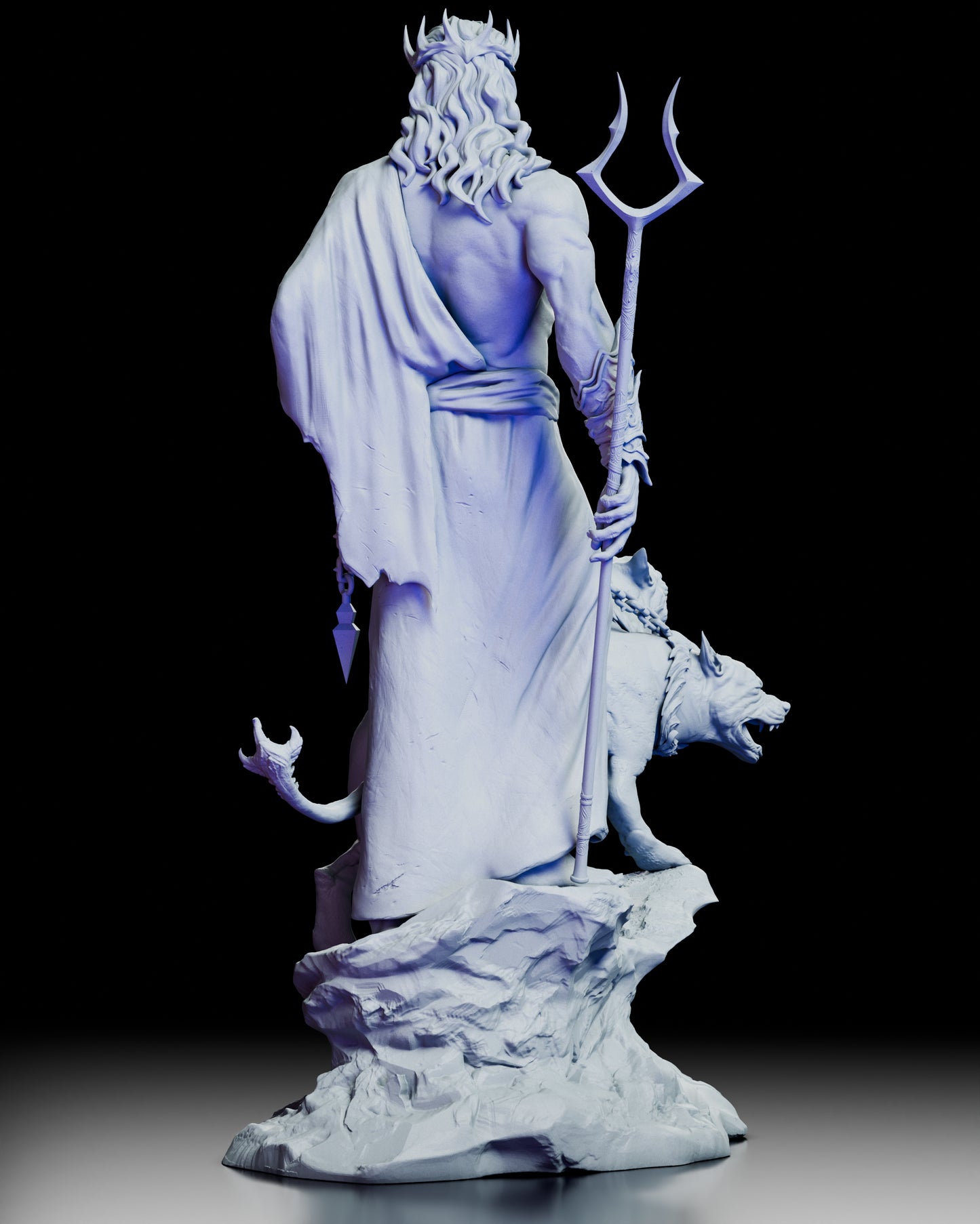Rear view of Hades figure showcasing flowing robes, trident, and detailed stone base.
