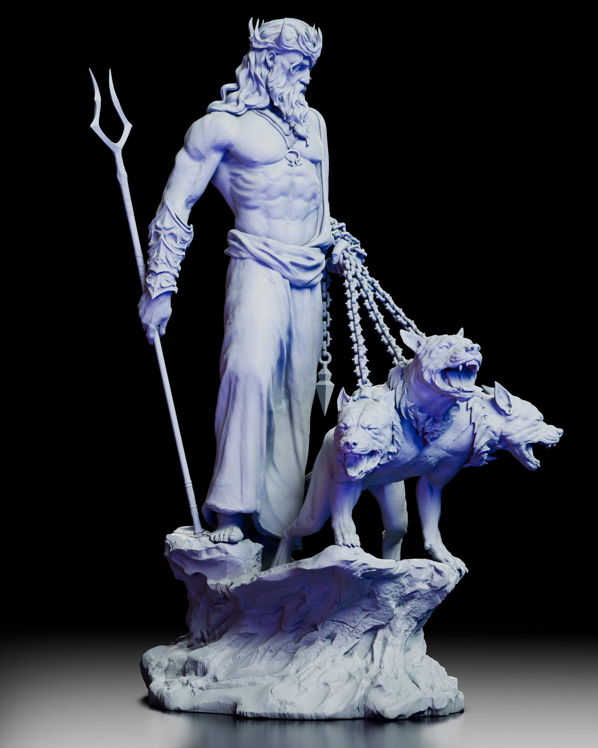 Side view of Hades with dynamic chains leading to the snarling Cerberus.