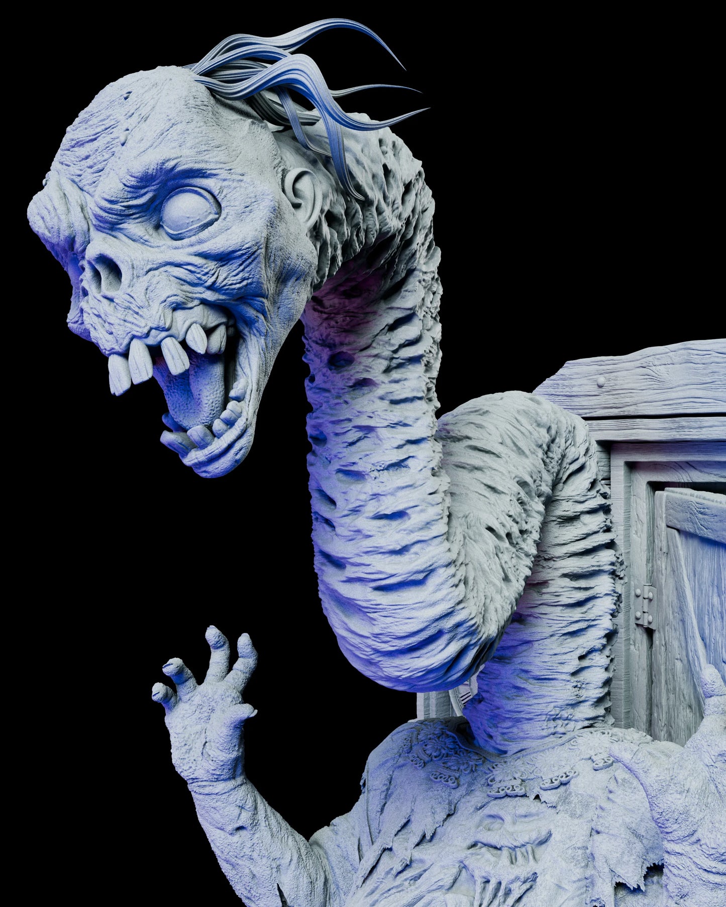 Alternate serpent head portrait of the Henrietta Knowby Deadite resin figure showing extended neck and monstrous expression