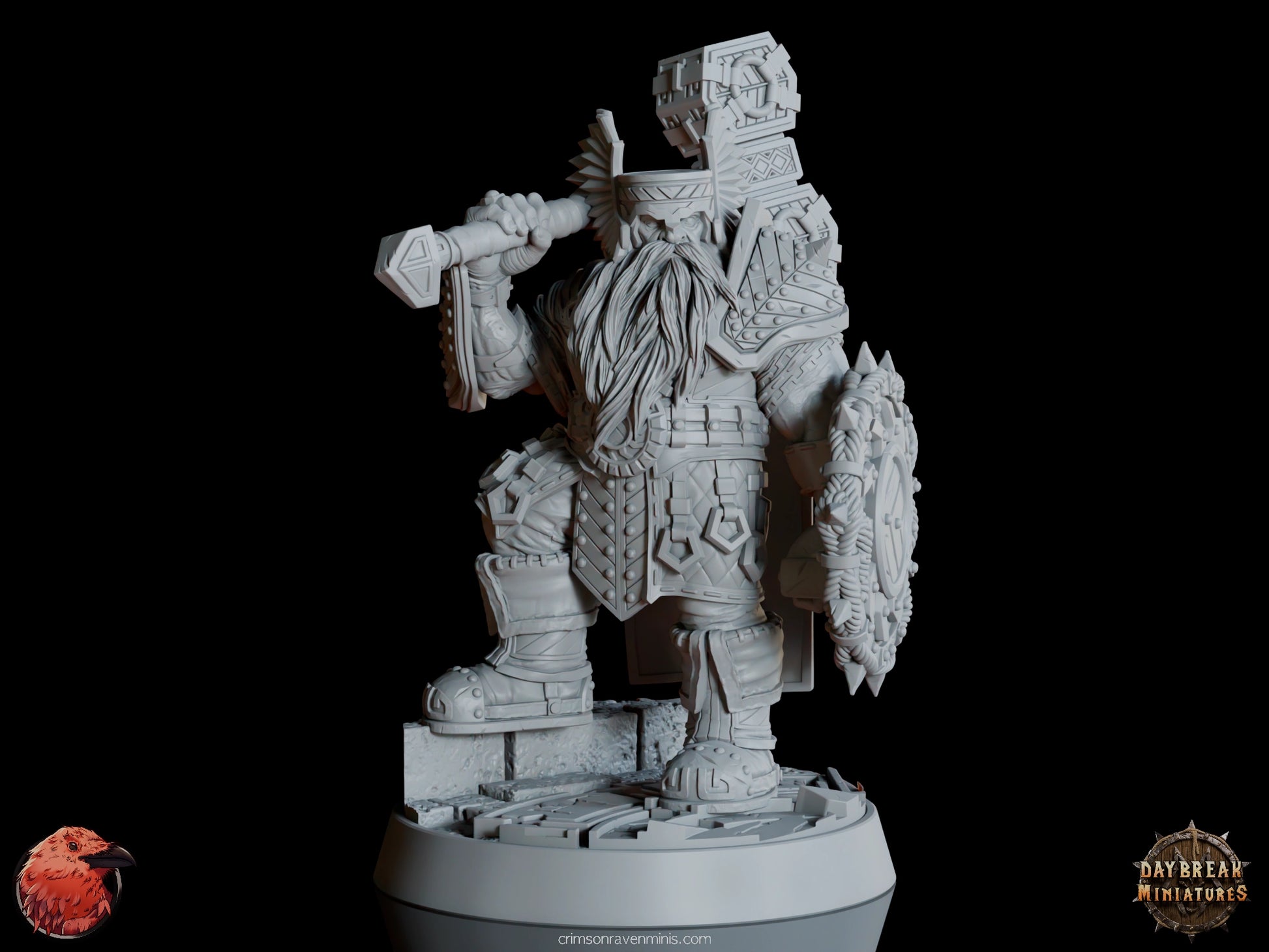 A 3D render of Imar Hakka, a dwarf in heavy armor holding a hammer and shield, standing on a 1-inch base.